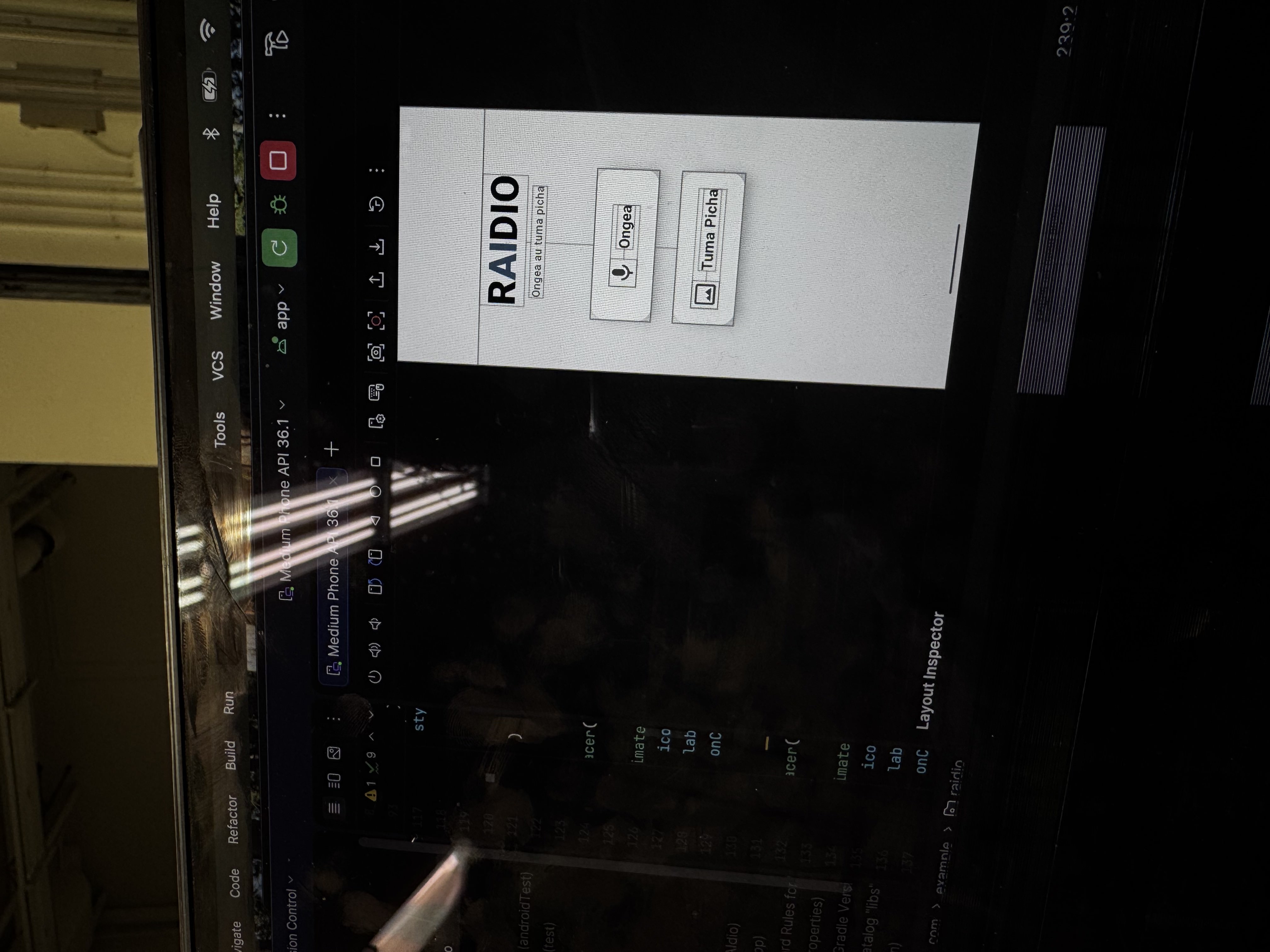 Android Studio Layout Inspector showing the RAIDIO app interface